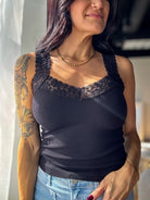 Womens seamless layering black lace soft ribbed basic cami tank