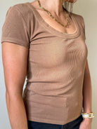 Soft comfortable ribbed scoop neck brown short sleeve basic tee