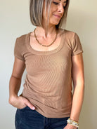 Soft comfortable ribbed scoop neck brown short sleeve basic tee