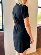 black linen button down tie front mini dress