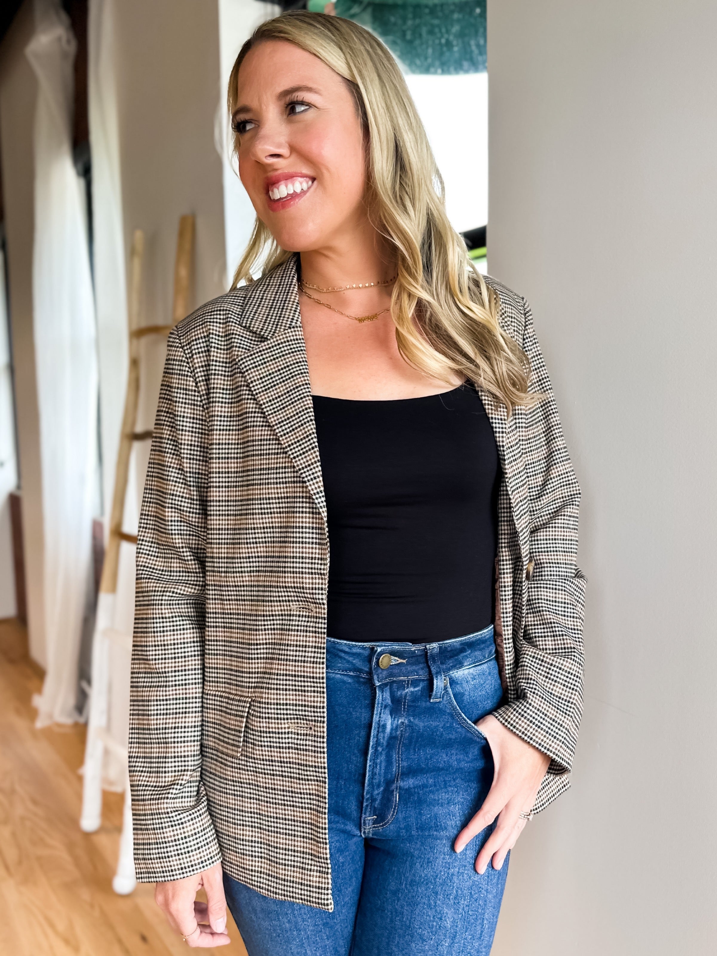 womens oversized brown neutral glen check blazer