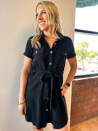 black linen button down tie front mini dress