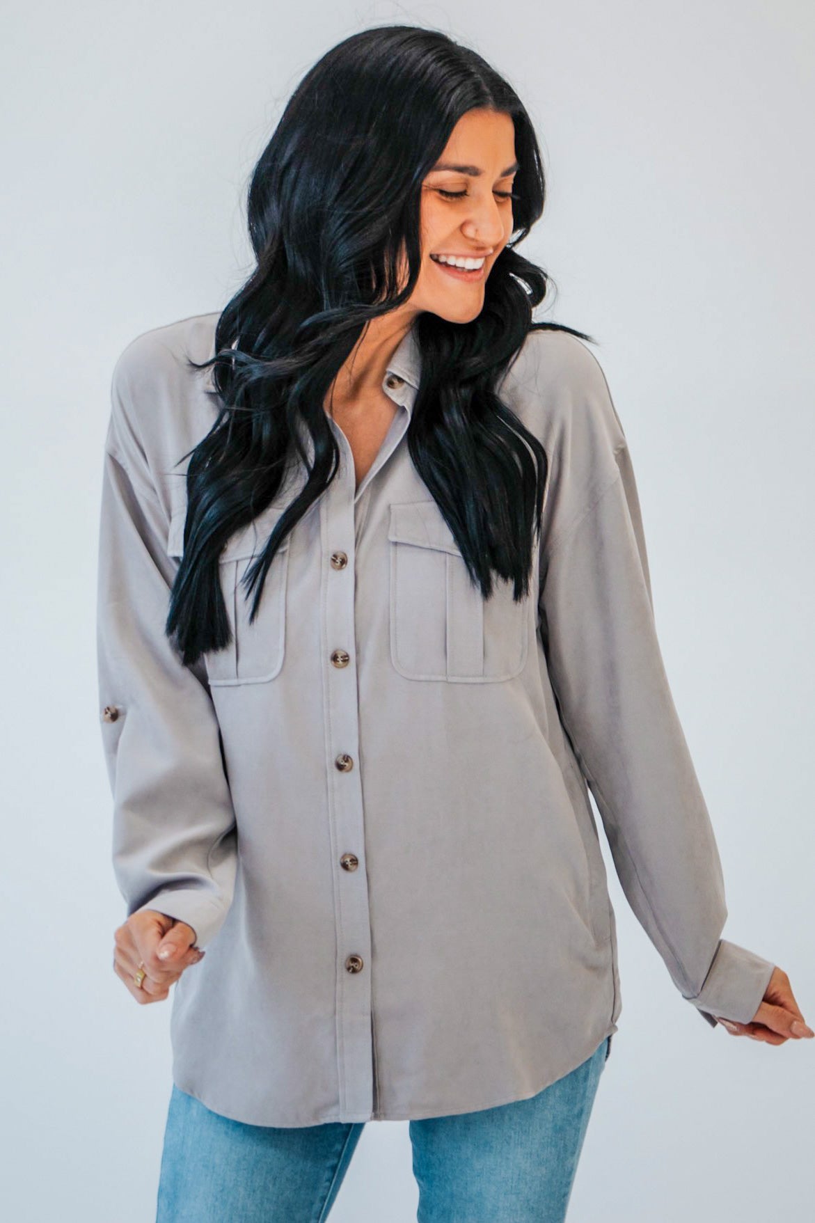 grey soft suede oversized button down shacket