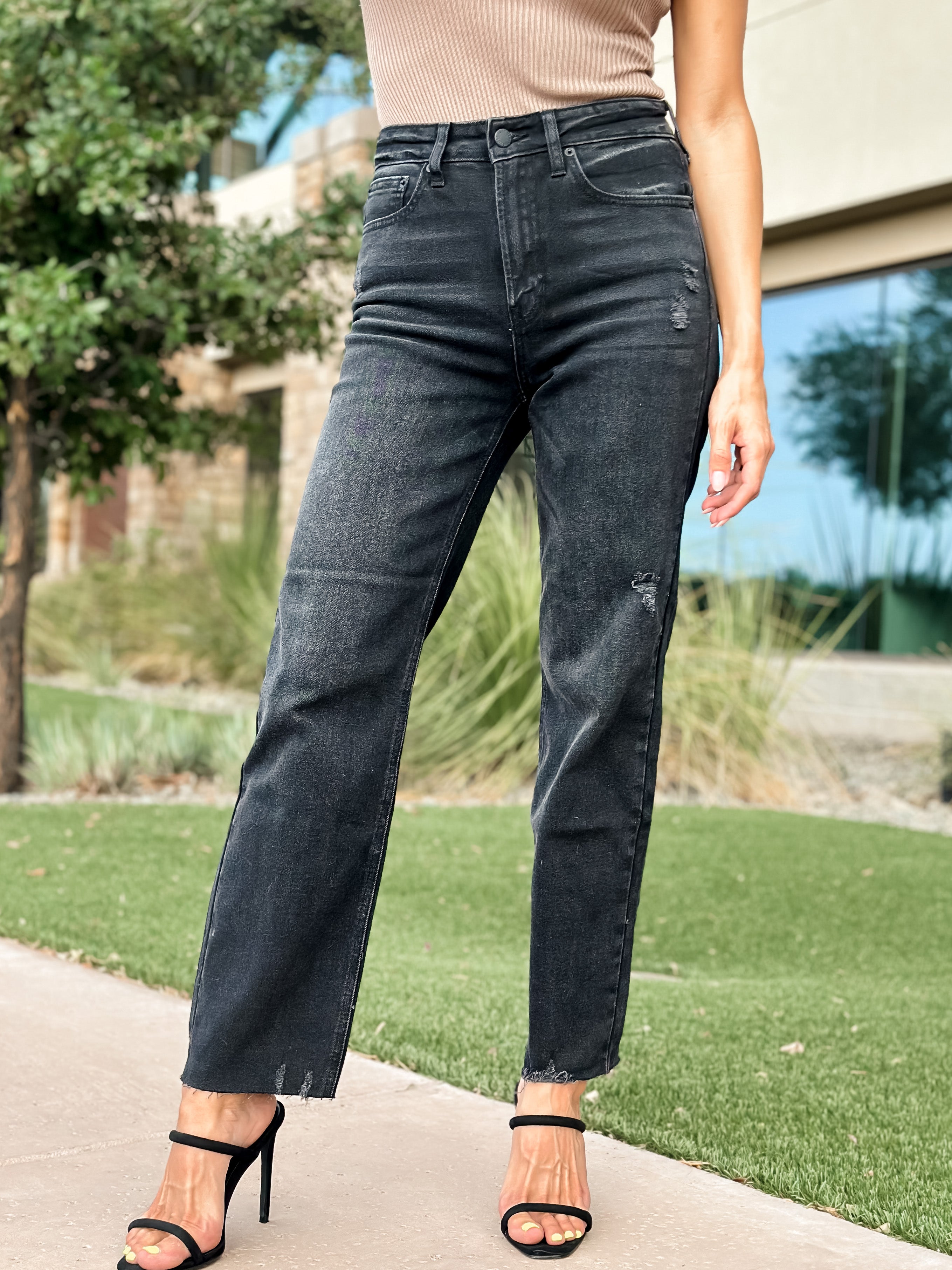 black washed straight high rise jeans