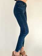 dark wash super skinny jeans with frayed hem