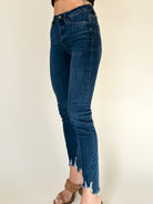 dark wash super skinny jeans with frayed hem