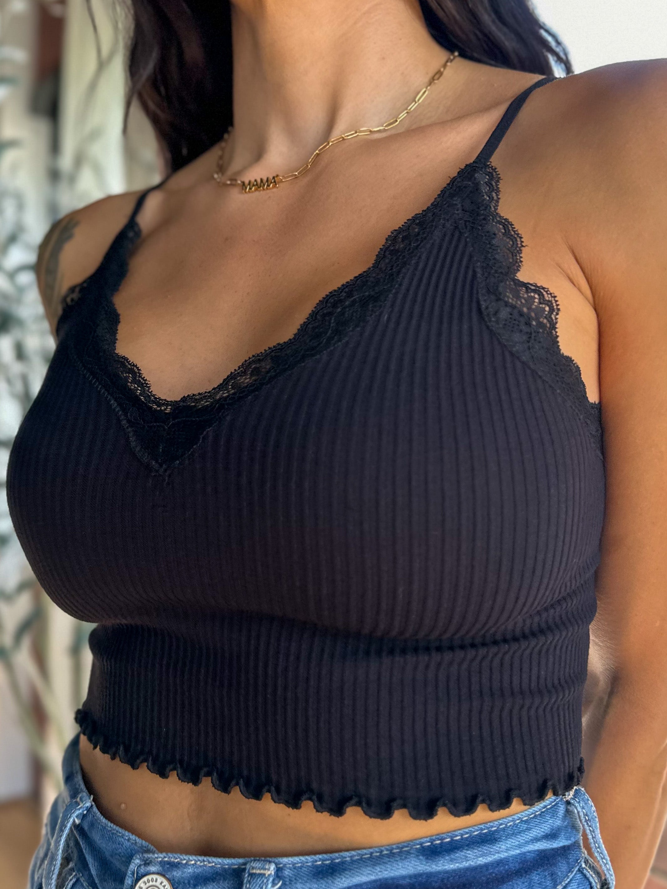 black ribbed lace soft and comfortable camisole with adjustable straps