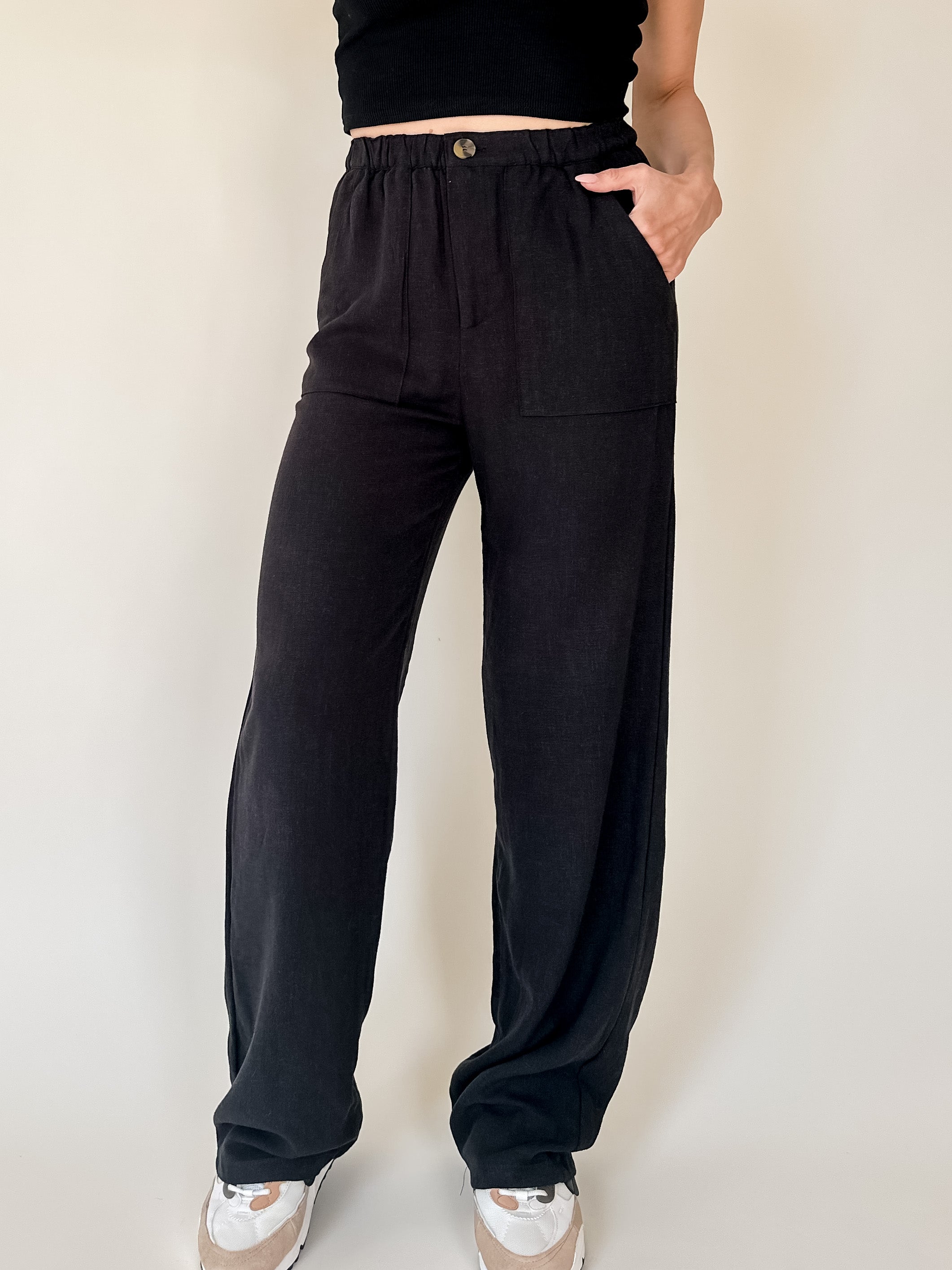 black comfortable straight leg linen pants