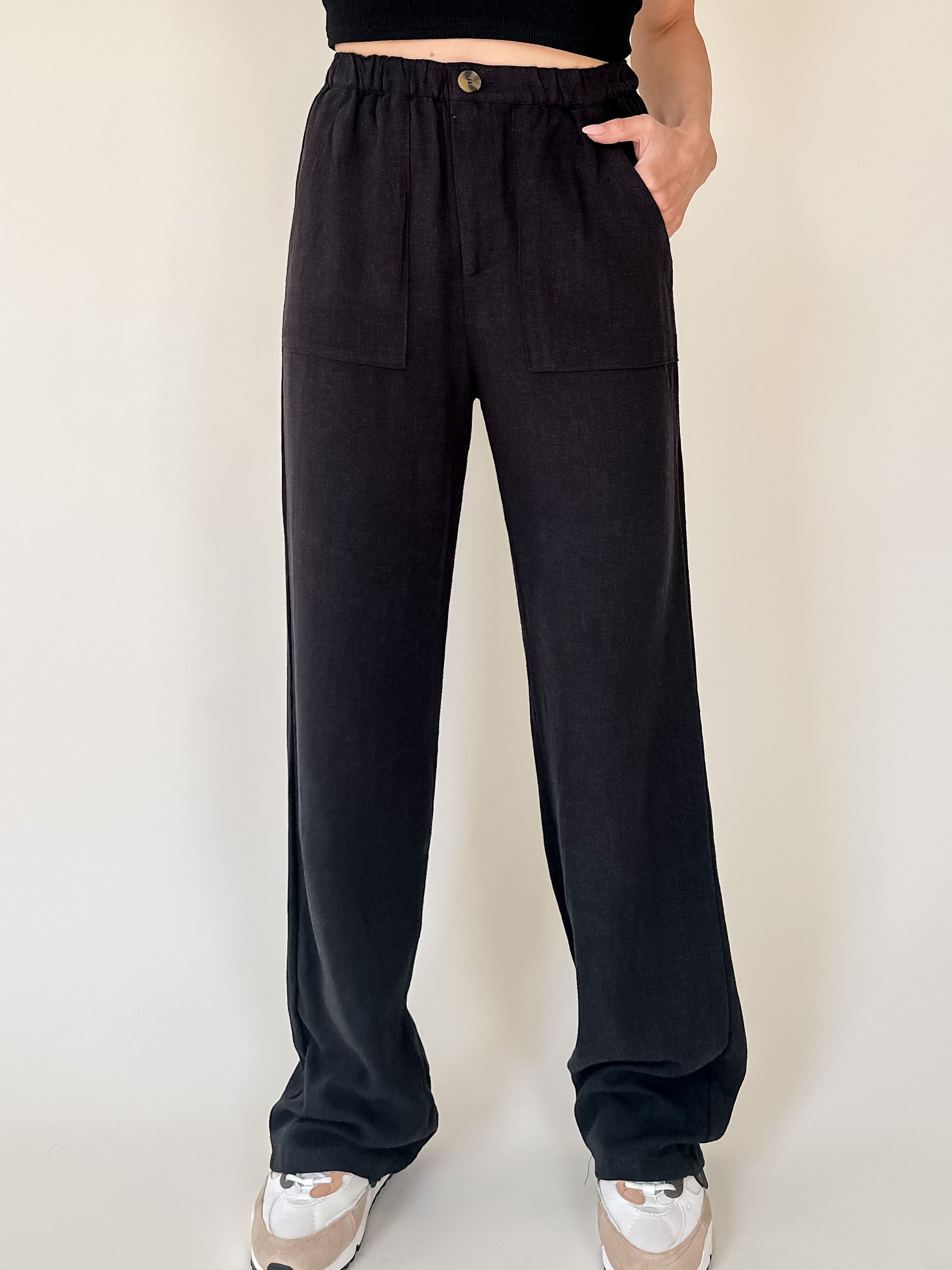 black comfortable straight leg linen pants