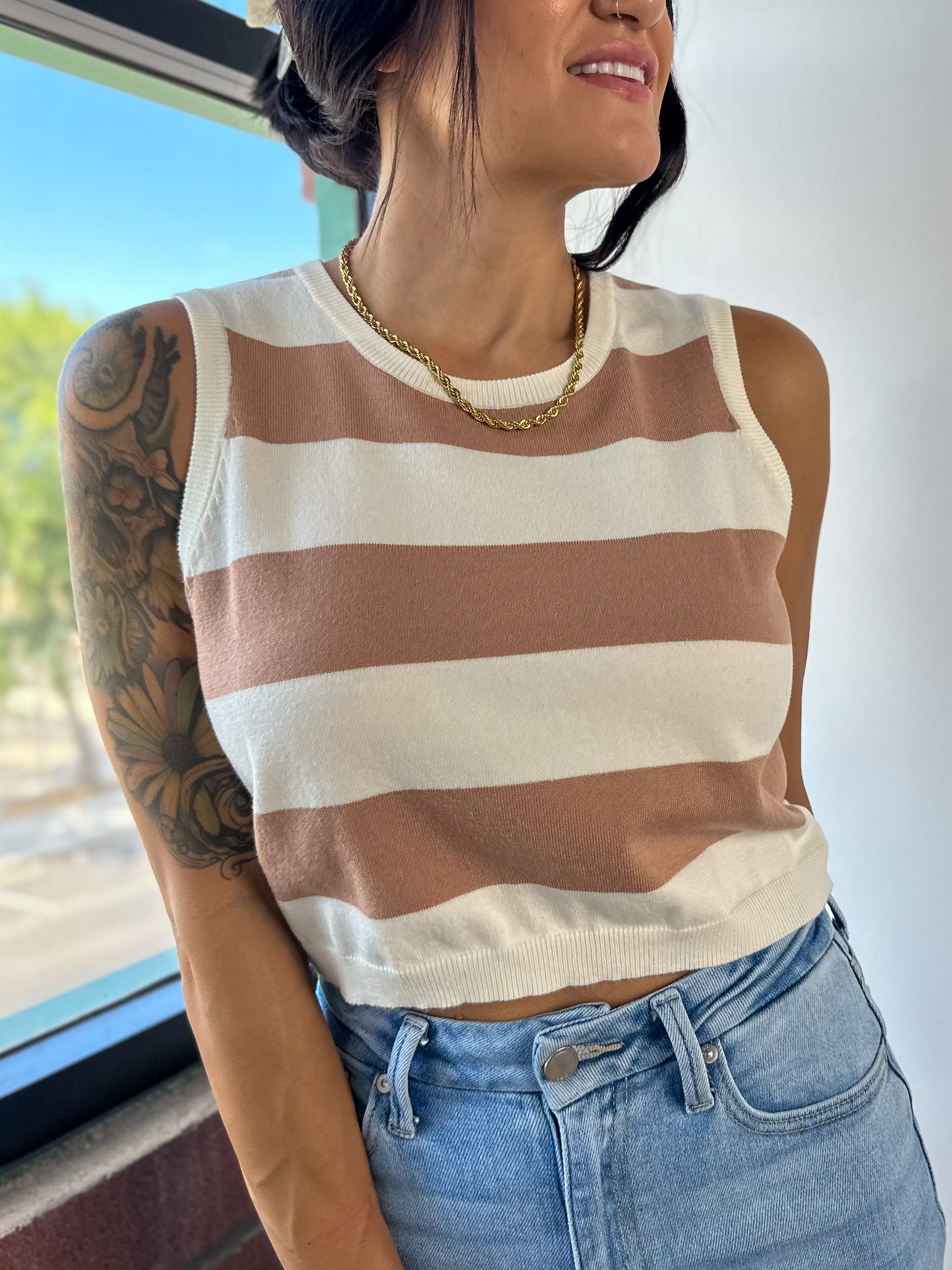 neutral stripe knit crop tank