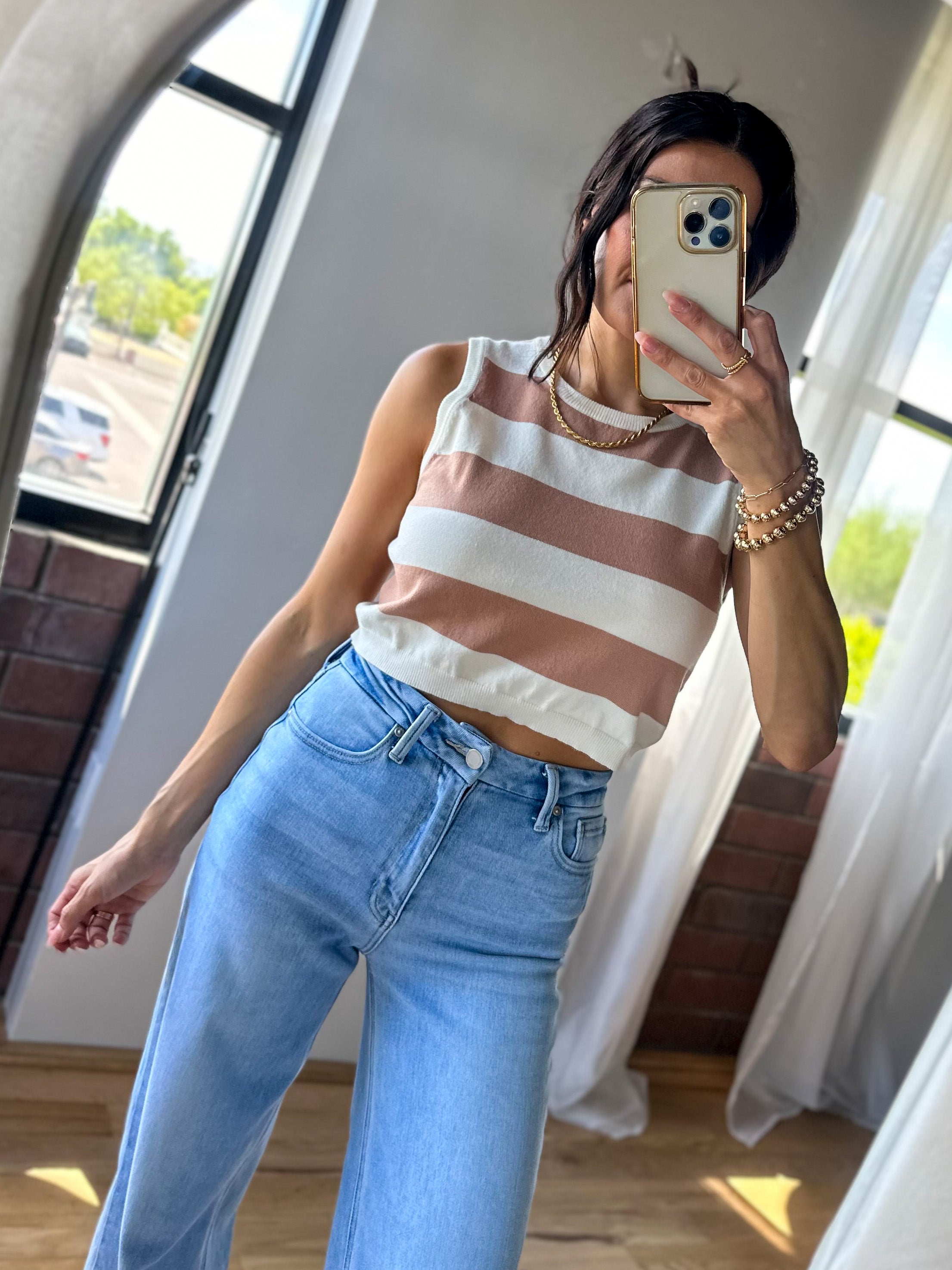 neutral stripe knit crop tank