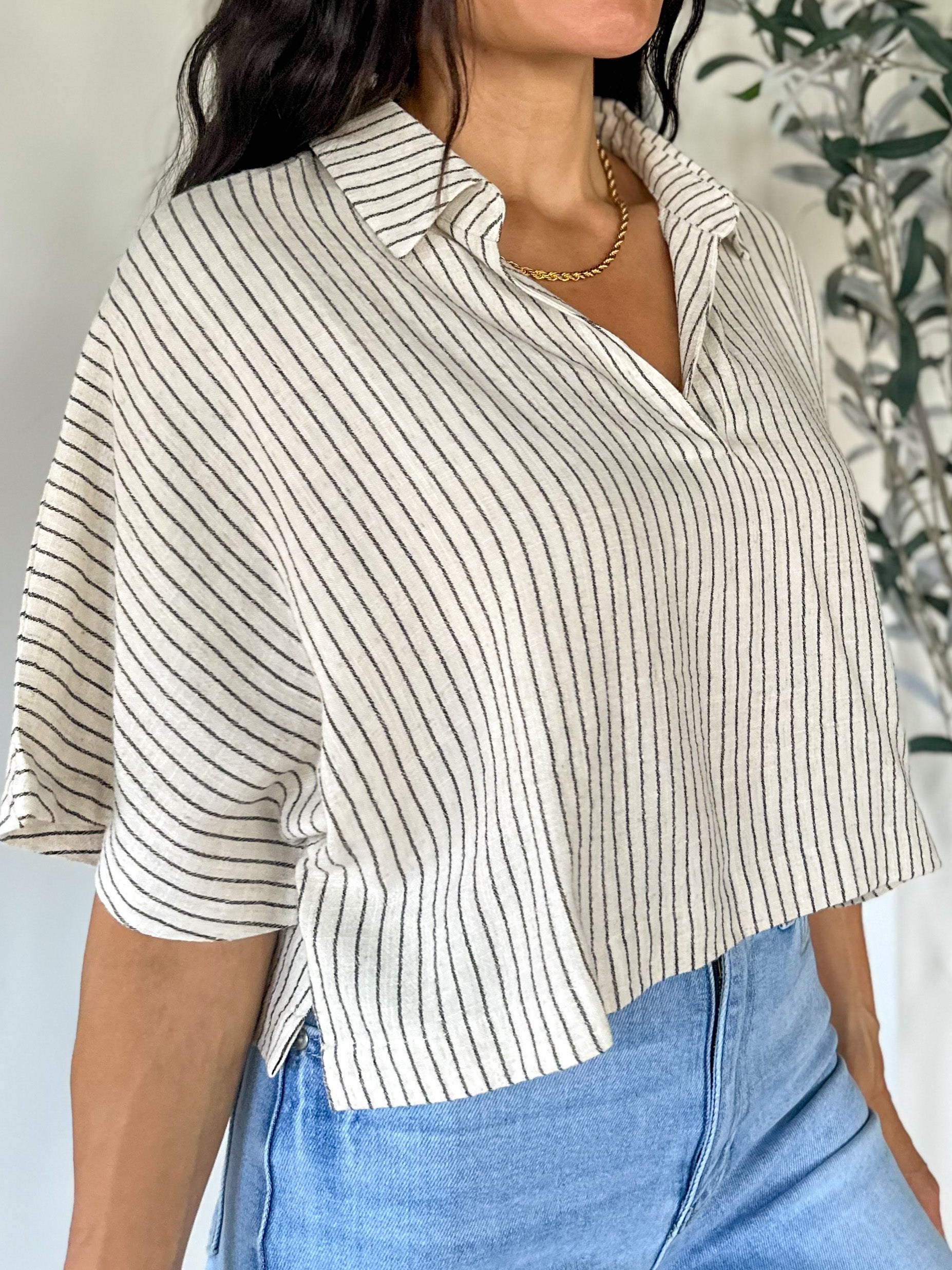 striped linen crop short sleeve