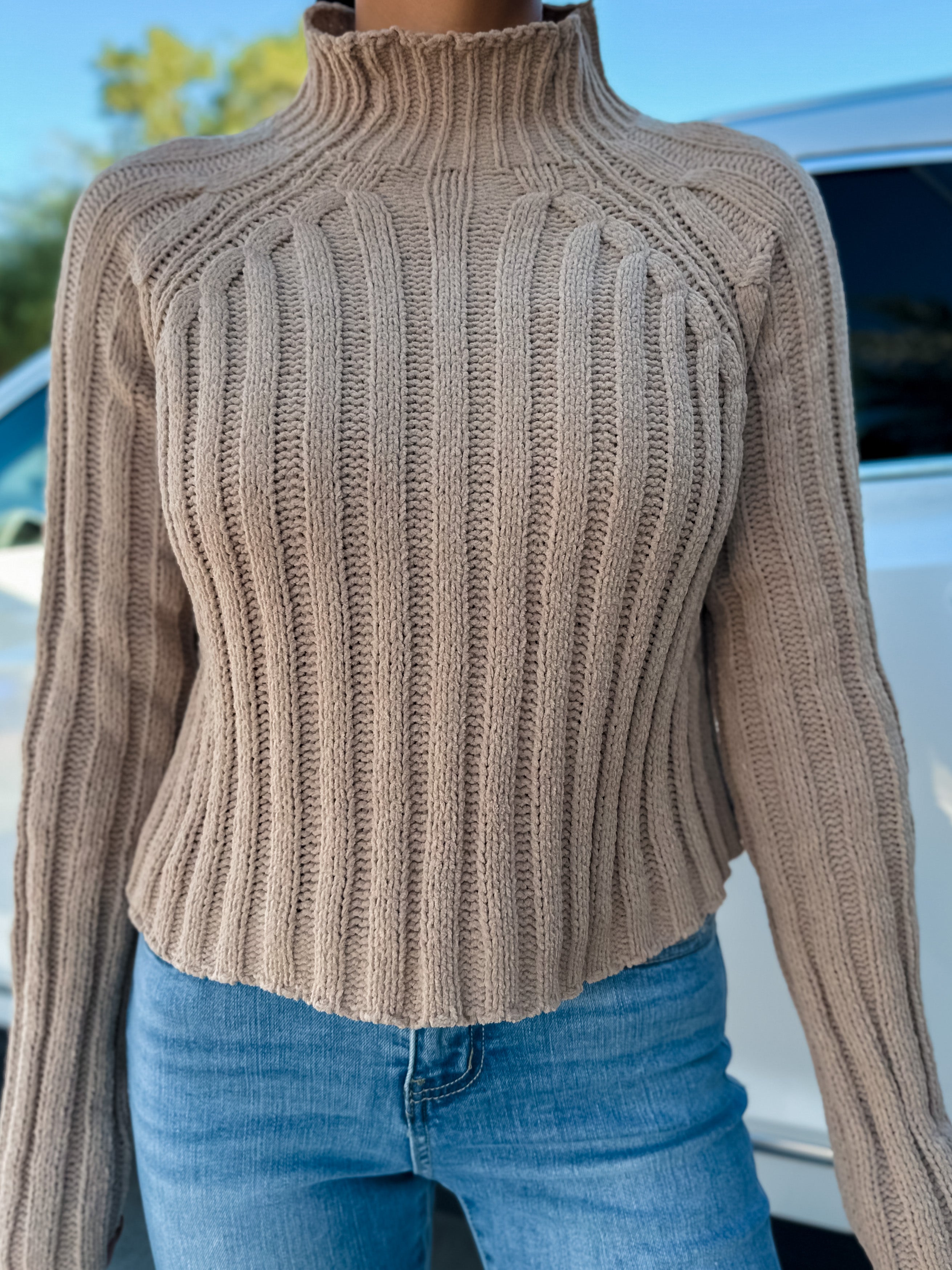 khaki beige mock knit cable knit sweater