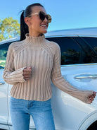 khaki beige mock knit cable knit sweater