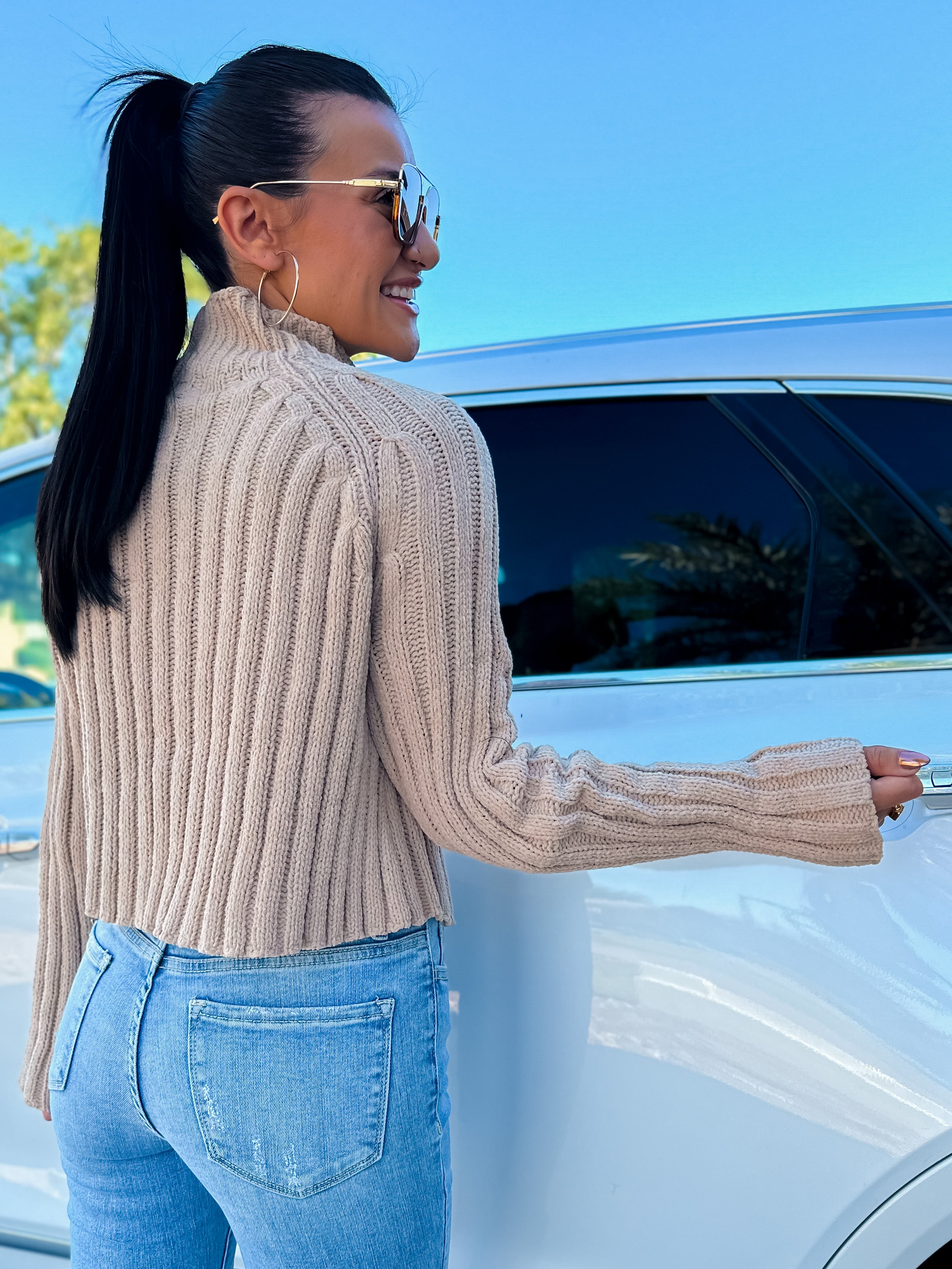 khaki beige mock knit cable knit sweater