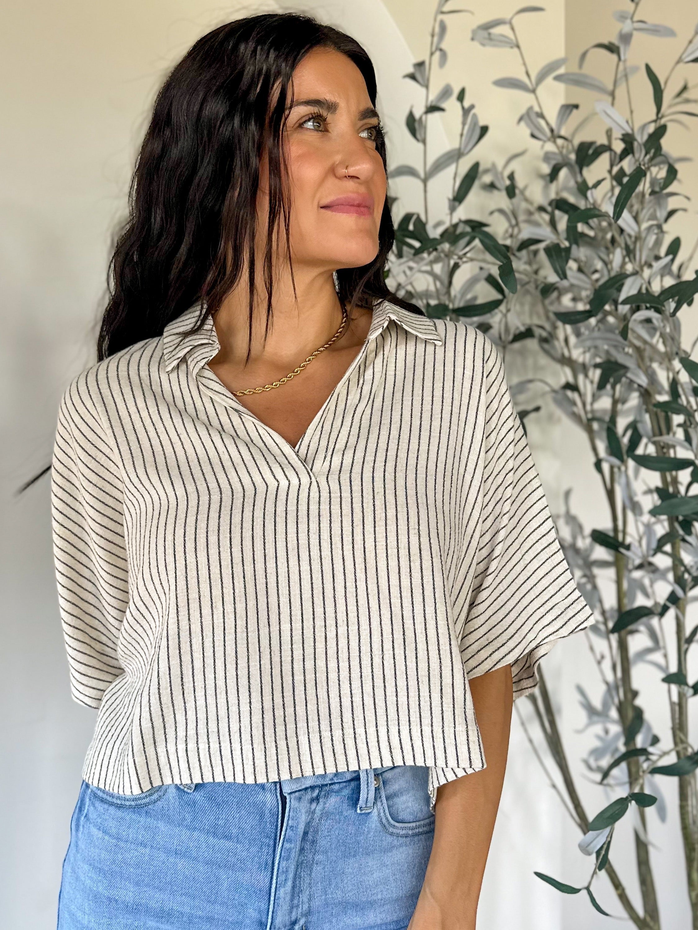 striped linen crop short sleeve