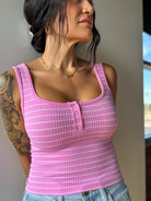 pink and white stripe stretchy soft henley ribbed tank