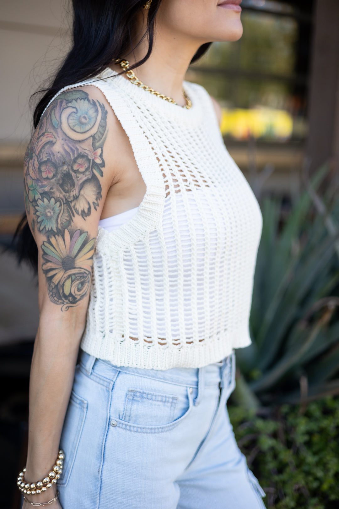 ivory white crochet open stitch tank top