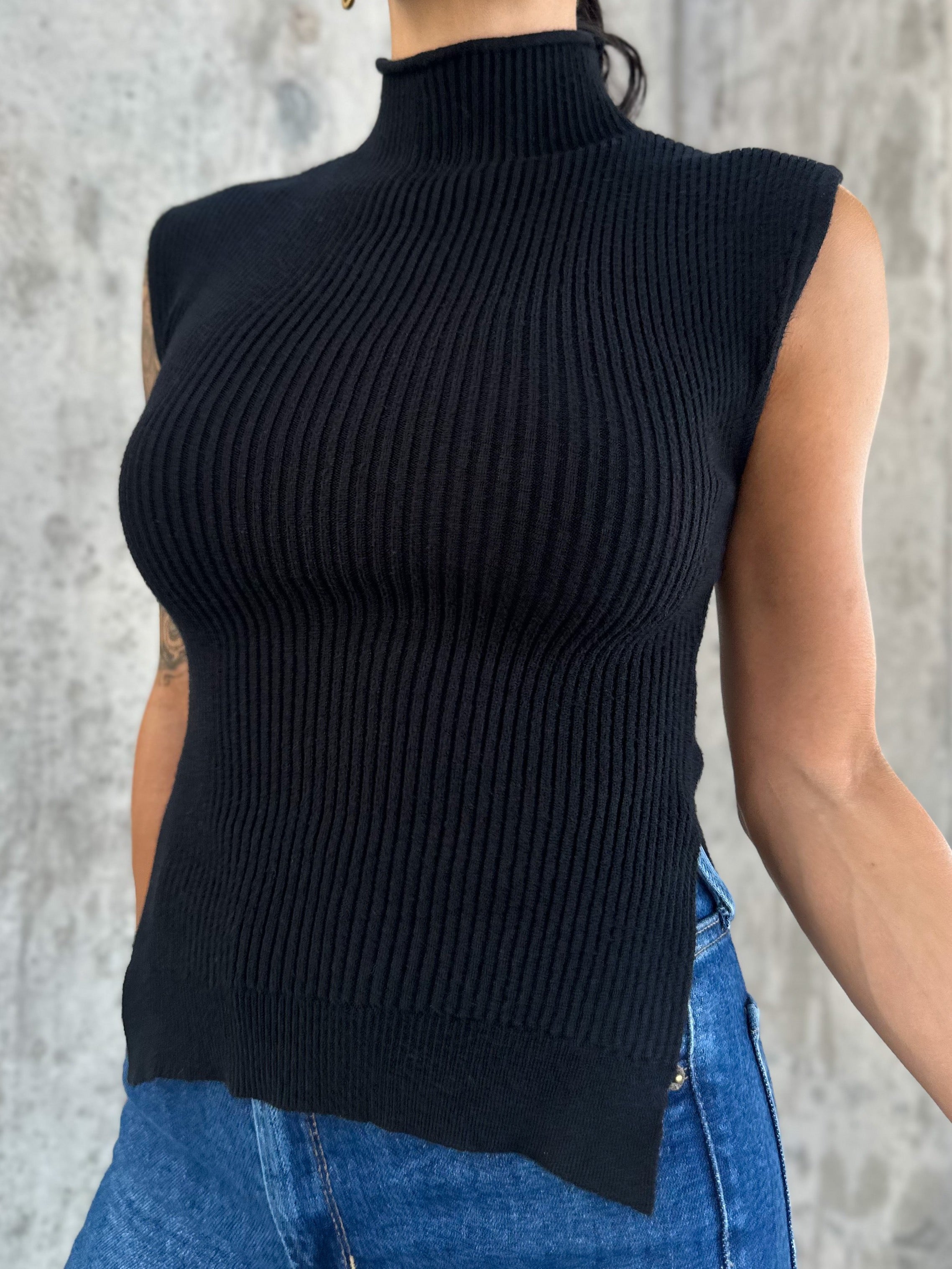 Womens black mock neck ribbed soft tank