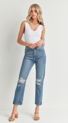 distressed straight boyfriends jeans medium wash