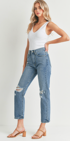 distressed straight boyfriends jeans medium wash