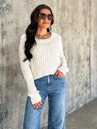 Women's basic soft ivory ribbed knit crop sweater