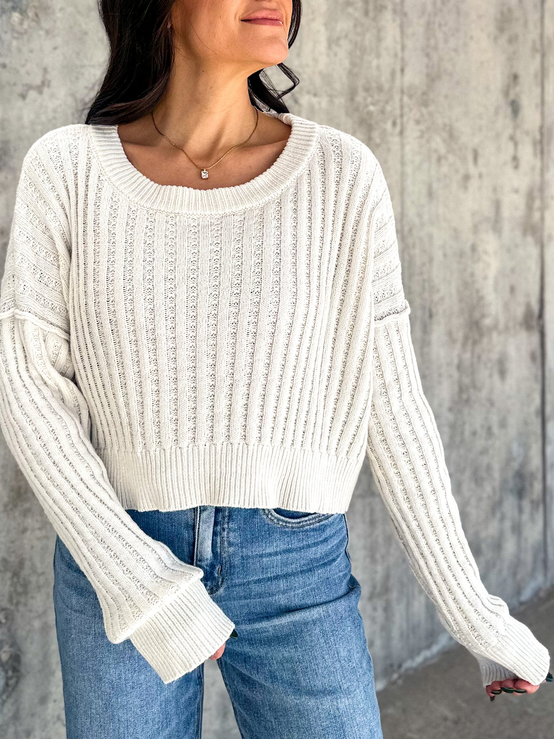 Women's basic soft ivory ribbed knit crop sweater