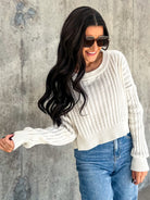 Women's basic soft ivory ribbed knit crop sweater