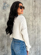 Women's basic soft ivory ribbed knit crop sweater