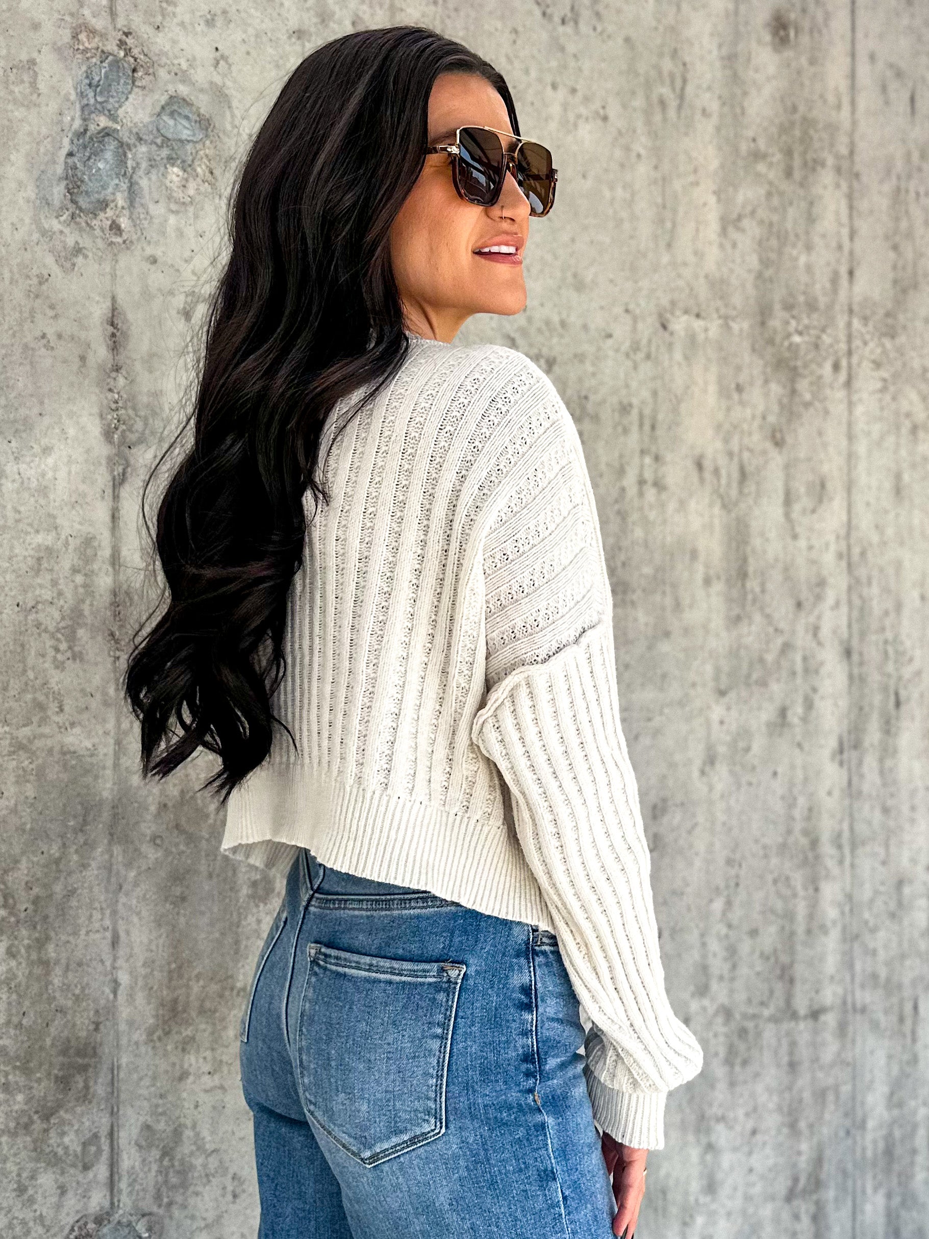 Women's basic soft ivory ribbed knit crop sweater