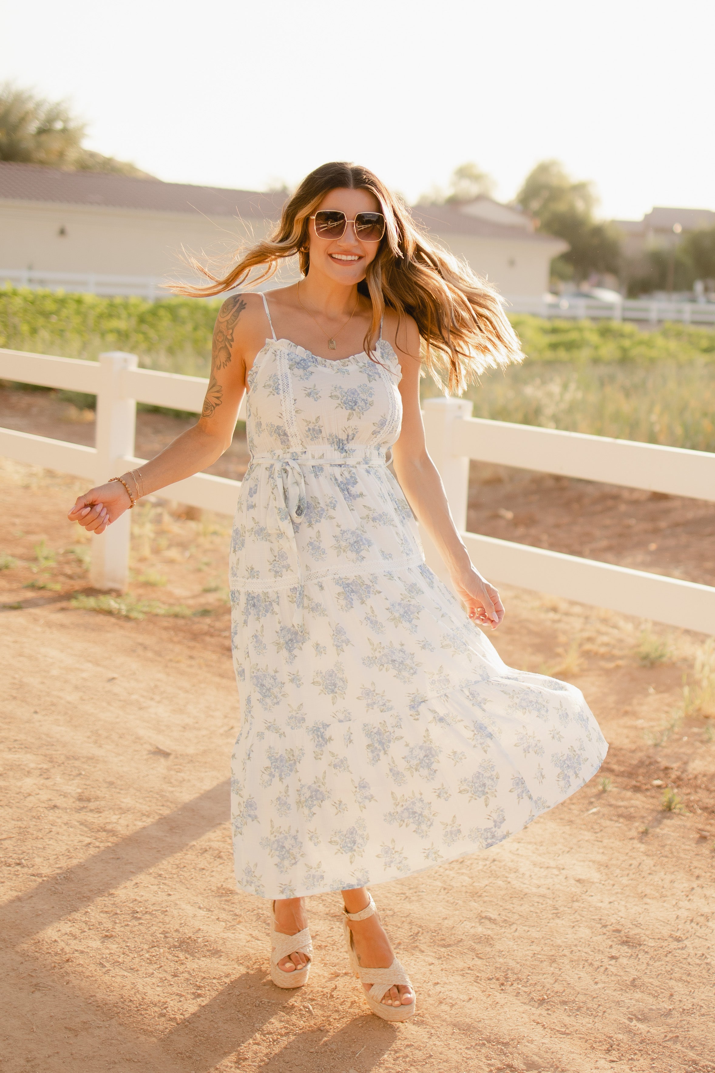 blue and white floral midi maxi dress