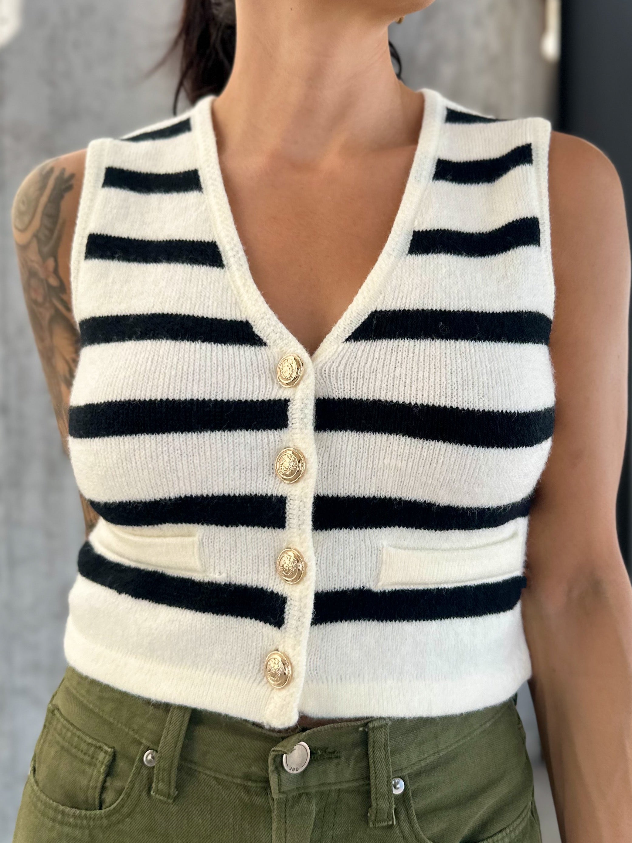 Womens black and ivory stripe knit button down vest