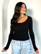 womens black soft basic henley button down long sleeve top