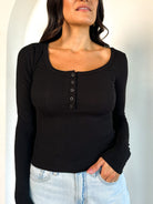 womens black soft basic henley button down long sleeve top