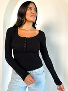 womens black soft basic henley button down long sleeve top