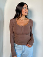 womens brown soft basic henley button down long sleeve top