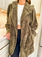 women's dark olive green soft, cozy and fuzzy oversized teddy bear longer robe jacket with a hood