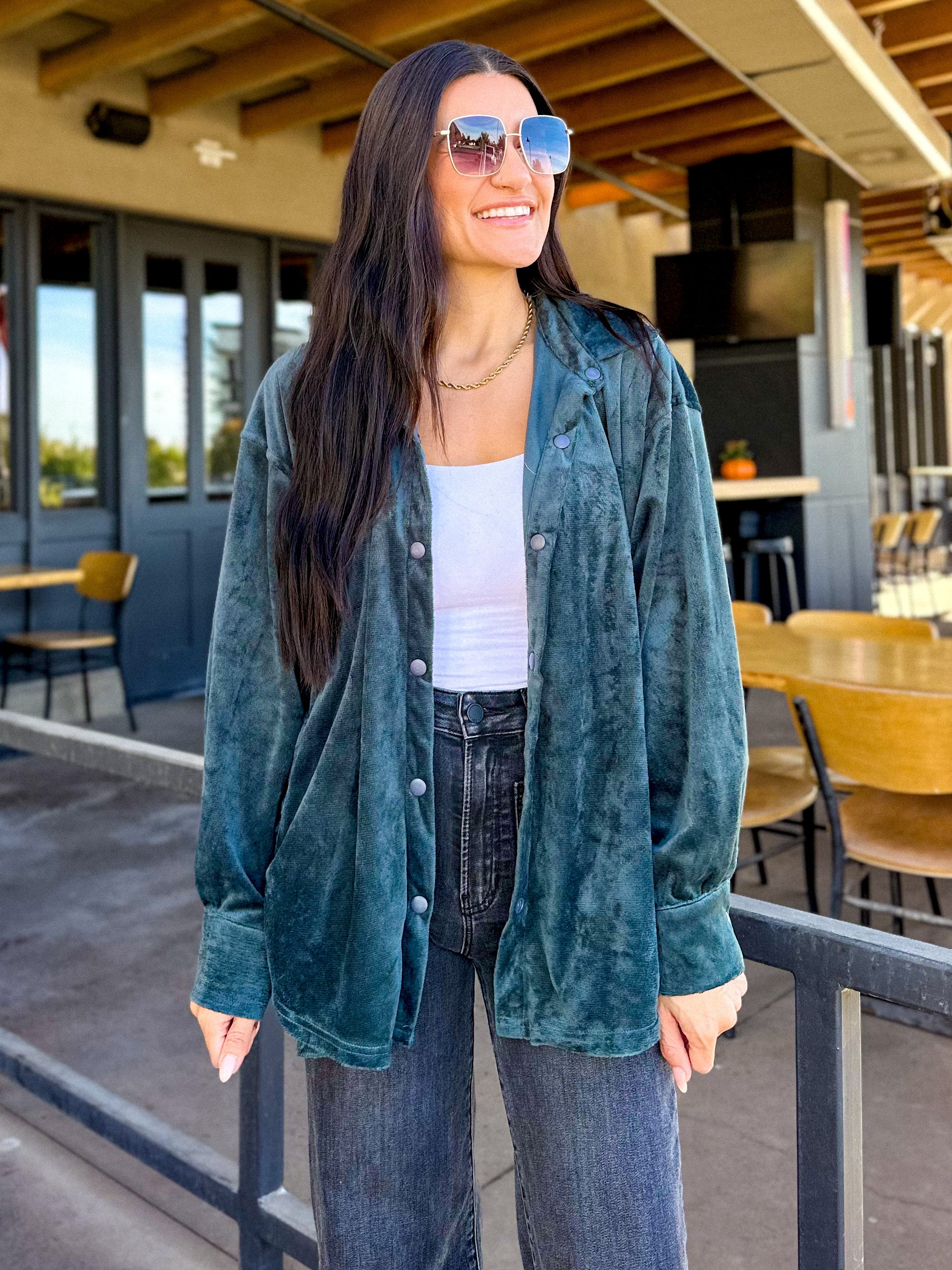 Women's dark green velvet oversized shacket