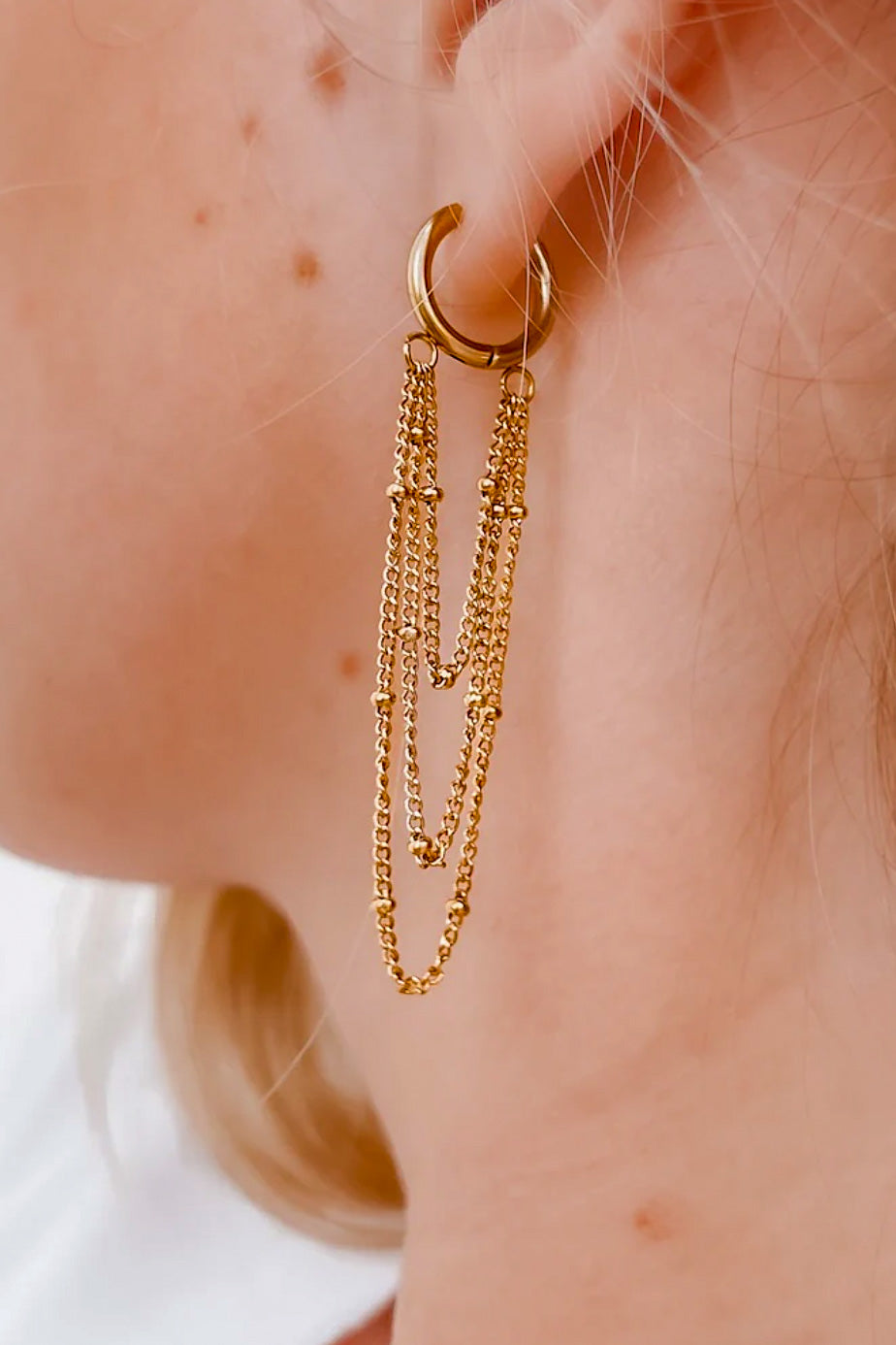 Gold drop down chain waterproof huggie earrings