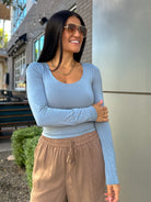 women's double lined light baby blue buttery soft comfy basic scoop neck long sleeve top