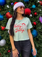 Women's light sage holly jolly santa graphic crop t-shirt