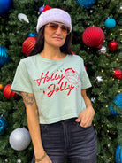 Women's light sage holly jolly santa graphic crop t-shirt