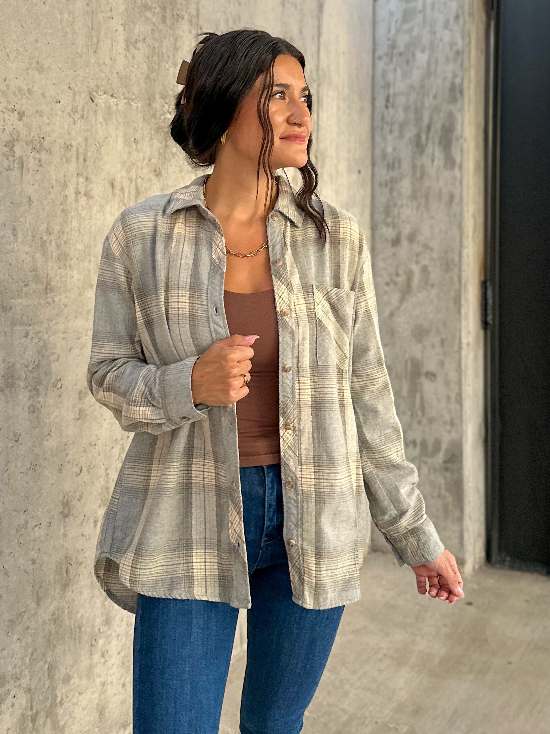 womens 100% cotton soft and oversized button down flannel shacket