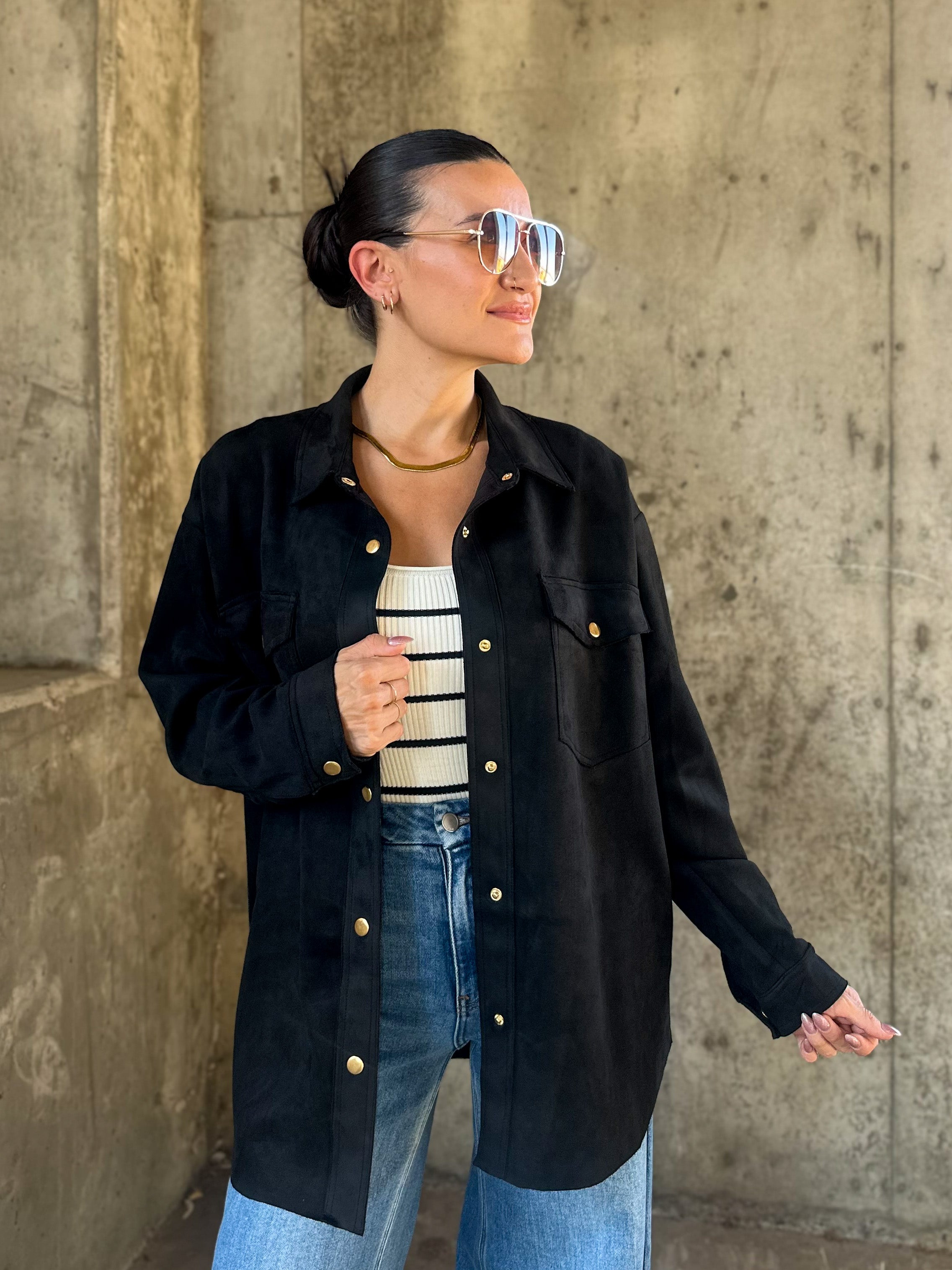 Womens oversized dressy black suede shacket with gold buttons