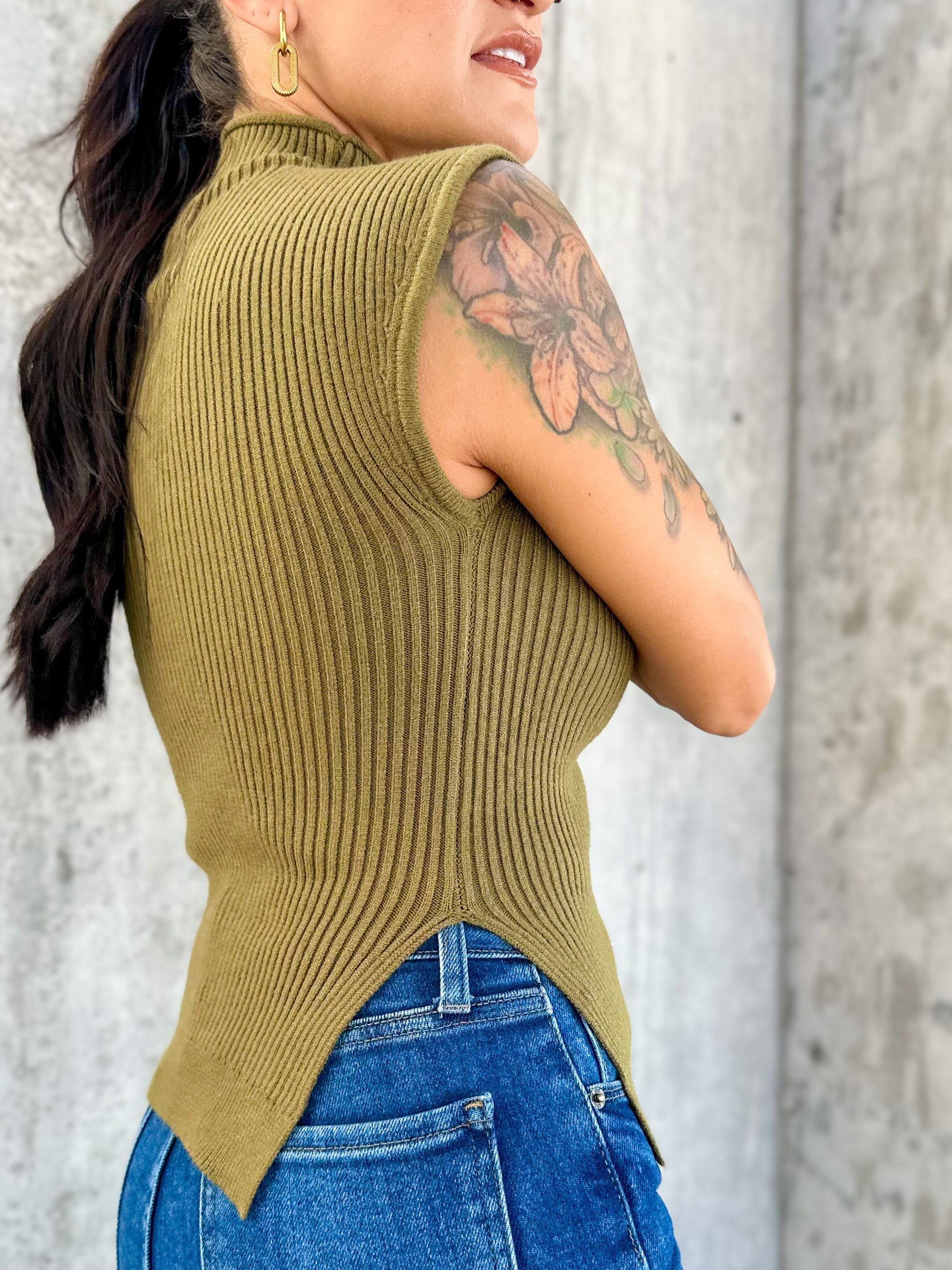 Womens olive green knit mock ribbed tank