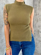 Womens olive green knit mock ribbed tank