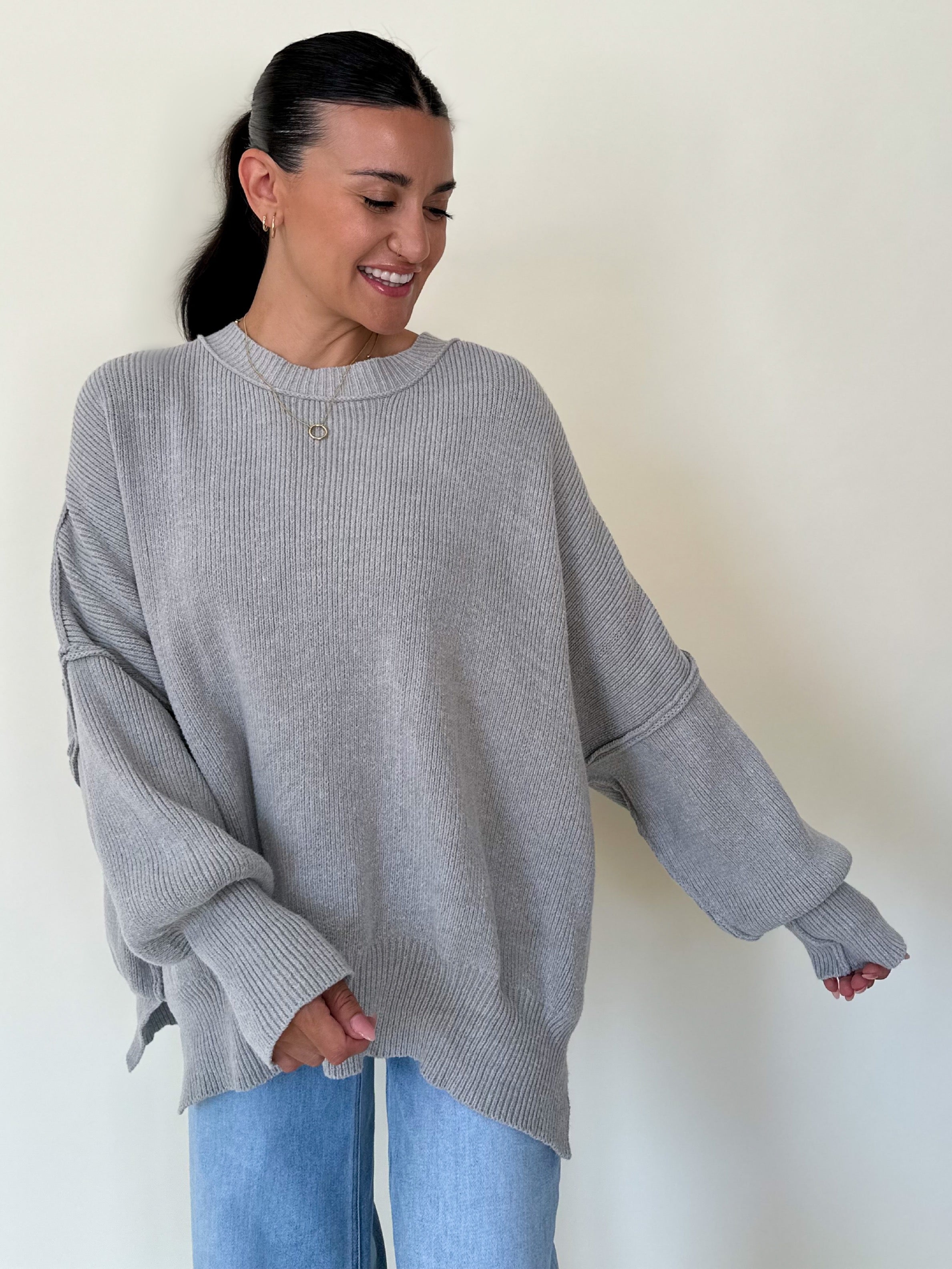 womens soft and cozy oversized grey knit crew neck sweater