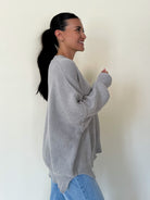 womens soft and cozy oversized grey knit crew neck sweater