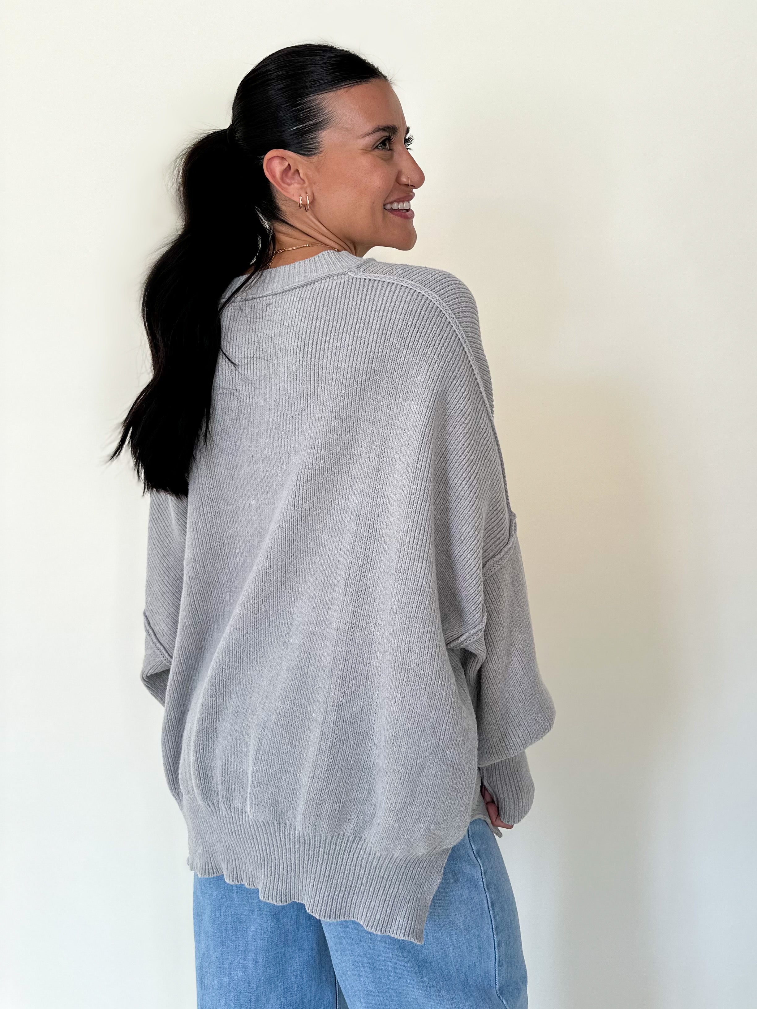 womens soft and cozy oversized grey knit crew neck sweater