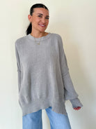 womens soft and cozy oversized grey knit crew neck sweater